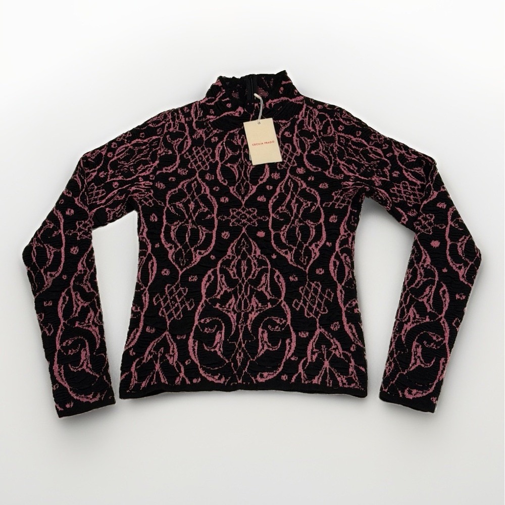 NWT Anthropologie Cecilia‎ Prado Mock Neck Blouse Black Pink Glitter Size XS